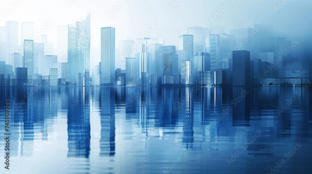 Futuristic city with blue reflections on water.