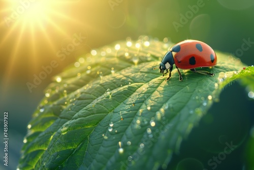 Ladybug Perched on Green Leaf