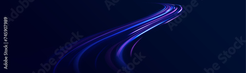 Abstract energy in the form of stripe, arc, curl and zigzag in neon colors with light effect. Light and stripes moving fast over dark background. High-speed light trails effect. 