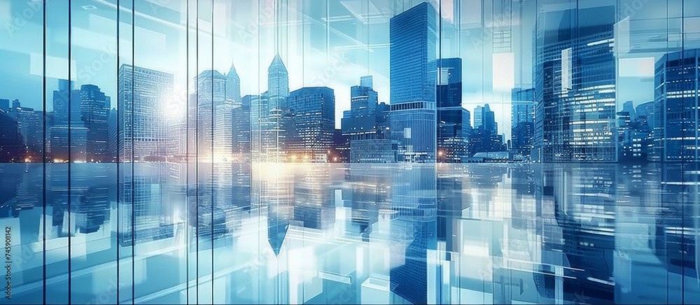 Futuristic city with blue reflections on water.