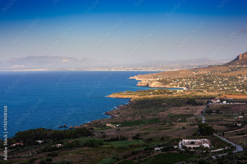 Paradise sea panorama from coastline trail of Scopello, Italy