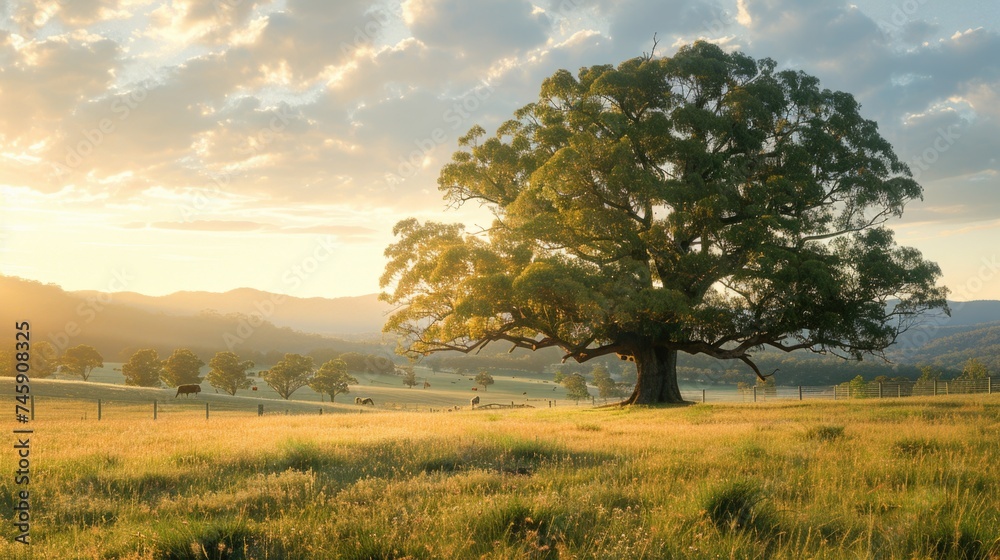 Pastoral Elegance at Dawn or Dusk: A Majestic Tree Stands Aglow Amid Rolling Hills with Grazing Farm Animals Pastoral Elegance at Dawn or Dusk: A Majestic Tree Stands Aglow Amid Rolling Hills with Grazing Farm Animals