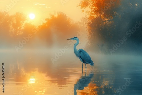 Bird Standing in Water at Sunrise