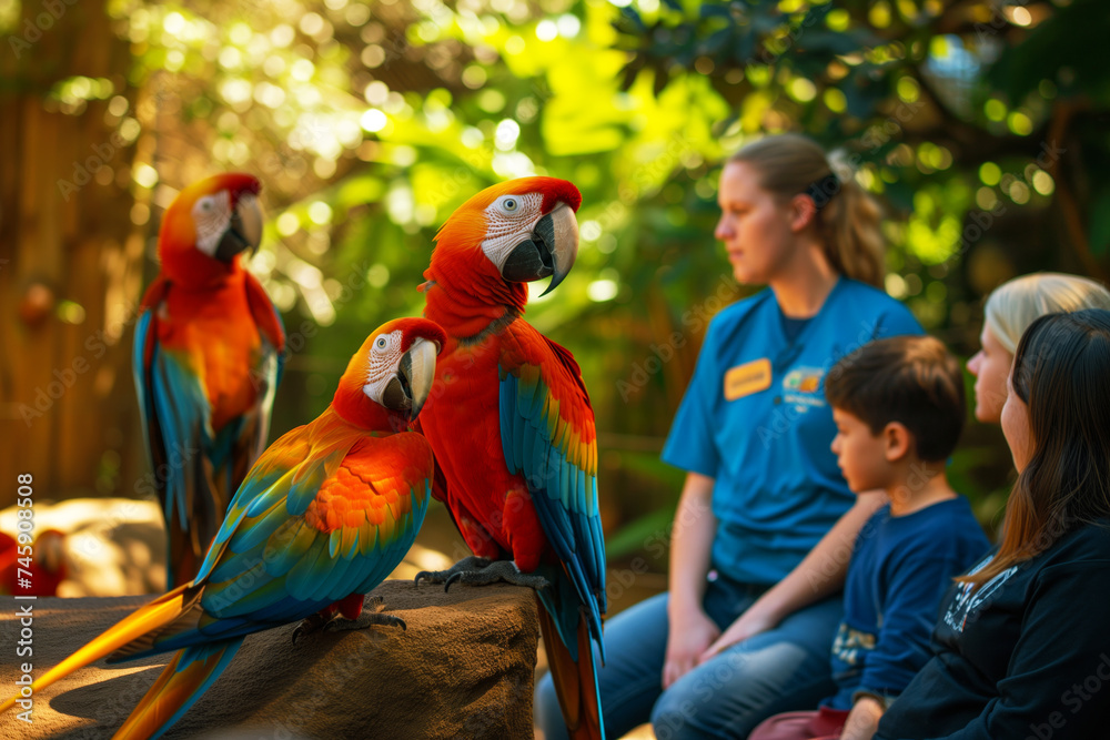 zoo staff member educating a group about parrot conservation - obrazy, fototapety, plakaty 