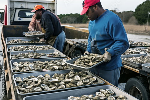workers loading trays of oysters onto a truck © Natalia