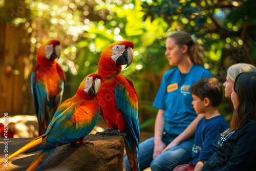 zoo staff member educating a group about parrot conservation photo