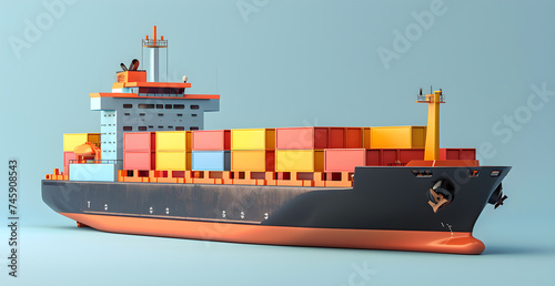 3D rendering of a container ship. light blue background.
