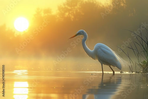 Graceful Heron Wading at Sunrise by Calm Waters © Yana