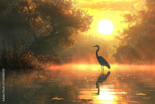 Majestic Heron Wading in Tranquil Waters at Sunrise in a Misty Wetland
