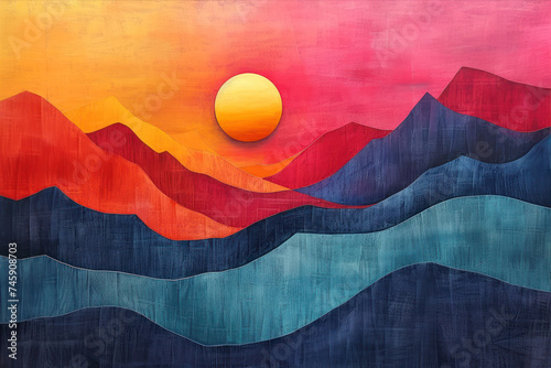 Sunset over the mountains. Abstract art background. Digital painting.