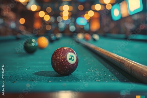 Pool Table With Pool Ball and Cues photo