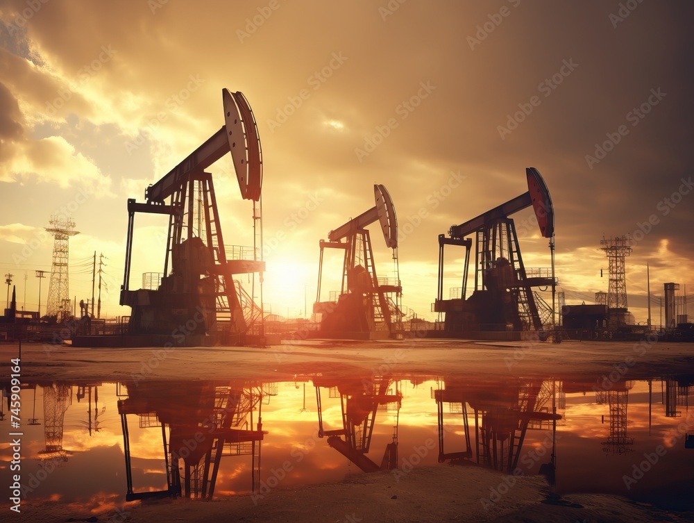 Spectacular view of multiple modern oil rigs illuminated by the warm sunset while actively extracting oil from the ground, indicating industrial activity and natural resource extraction.