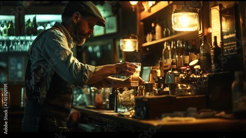 The artistry of a bartender's pour as he fills a glass with vodka, the scene bathed in the warm glow of the pub's lighting.
