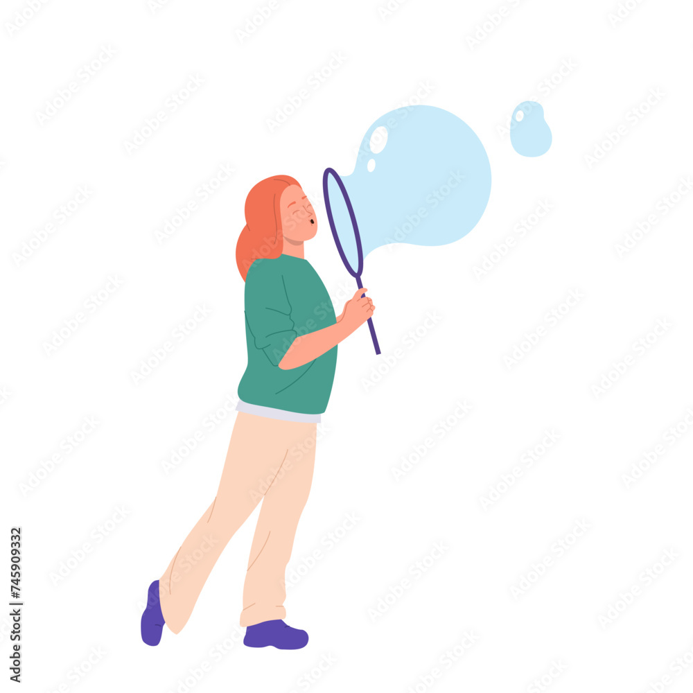 Teenager girl cartoon character blowing liquid soap bubble enjoying foam party isolated on white Teenager girl cartoon character blowing liquid soap bubble enjoying foam party isolated on white