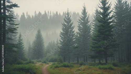Misty Fir Forest in Vintage Retro Style Foggy Forest Background, Camping Night