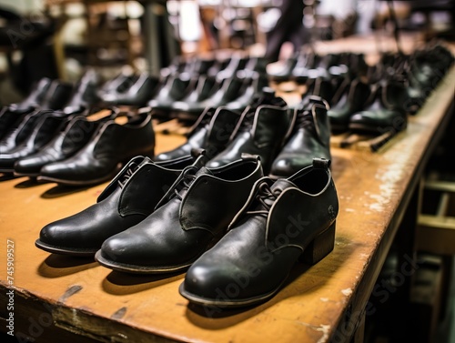 A state-of-the-art shoe manufacturing facility with skilled workers crafting high-quality black leather shoes in a well-organized and spacious production environment.