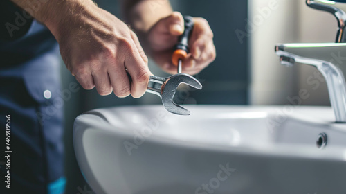 Closeup plumber hand repairing leaking sinks with adjustable wrench in the bathroom photo