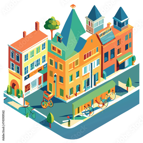 3d houses with streets, shops, bicycles, isometric, vector illustration flat 2
