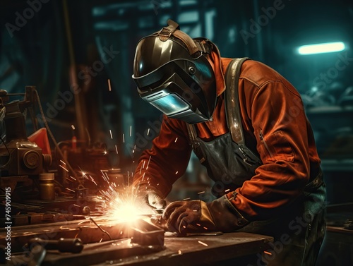 Experienced welder in protective clothing and helmet working in industrial workshop. Concept of skilled labor, manufacturing, and fabrication process.