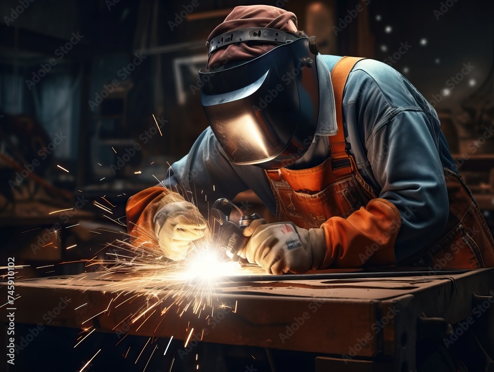 Experienced welder in protective clothing and helmet working in industrial workshop. Concept of skilled labor, manufacturing, and fabrication process. Experienced welder in protective clothing and helmet working in industrial workshop. Concept of skilled labor, manufacturing, and fabrication process.