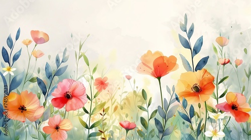 Watercolor floral background with poppies and grass