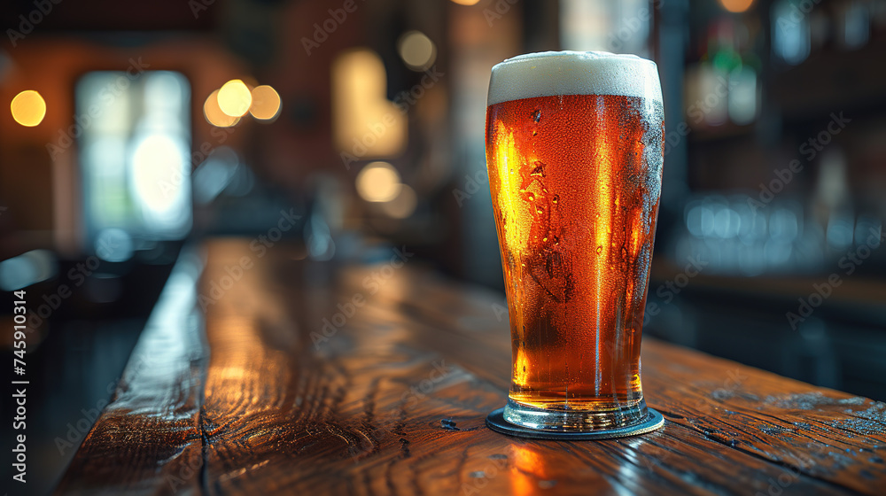 Glass of beer and foam on the wooden bar. Steamed glass of fresh beer blurred background