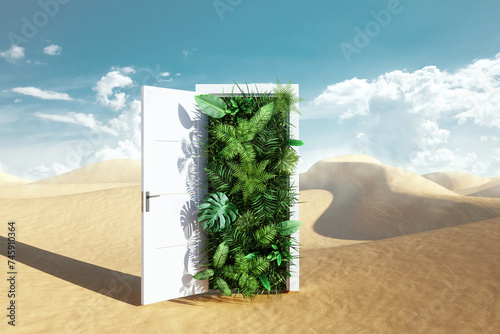 Open door in desert leading to tropical garden, green nature on desert background. Concept ecological crisis, teleport, fresh air, new world, climate change, Copy space, mixed media