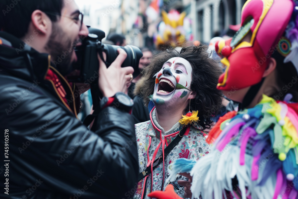 person with camera laughs surprisedly at a funny costume in a crowd