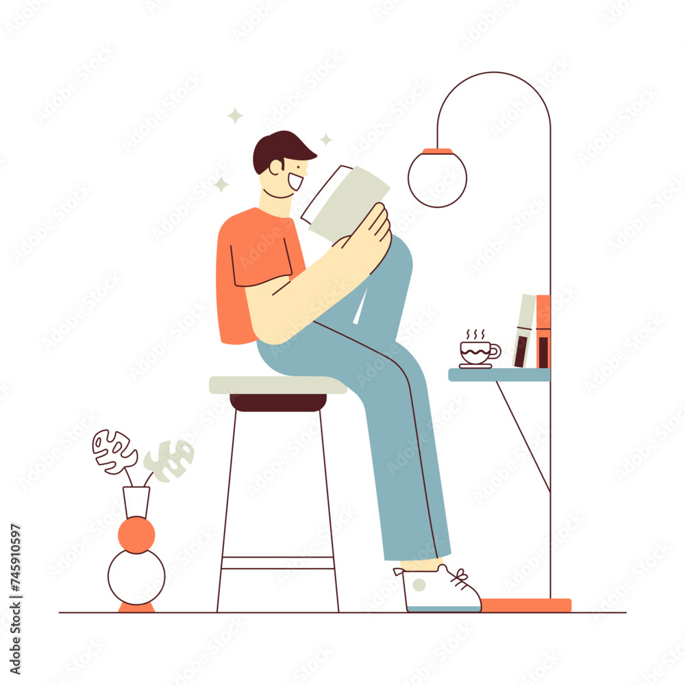 Fototapeta premium Man Reading Book Alone Illustration