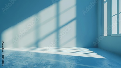Empty room with blue light shadow and floor. Empty room with Wall Background. Natural shadow overlay on white texture background, for overlay on product presentation, backdrop and mockup