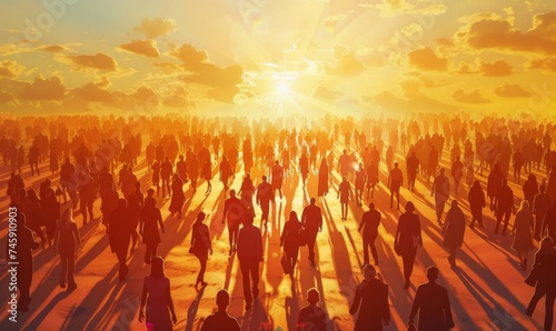 sunset with people's silhouettes on a crowded place. 