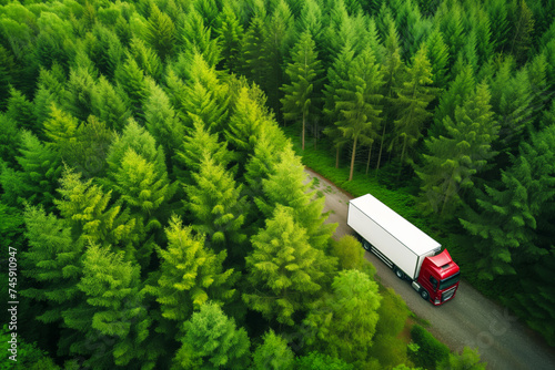 refrigerated goods truck on urgent delivery in evergreen forest photo