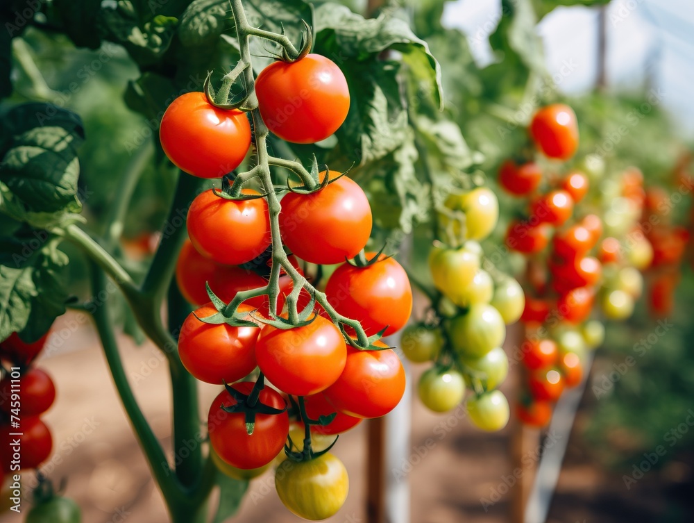 Close-up of a beautiful bunch of luscious, red, ripe greenhouse-grown tomatoes, ready for harvest, with vibrant colors and a healthy shine in a bountiful garden setting.