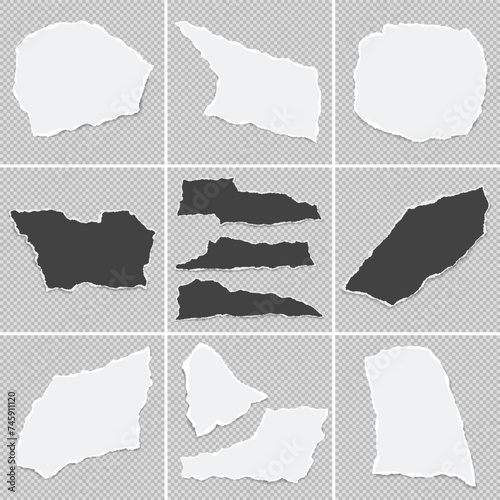 Set of torn, ripped paper strips with soft shadow are on squared background for text or ad, can be used as flyers or banners.
