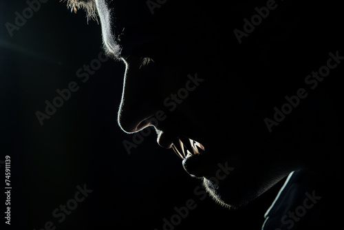 profile of a man with sharp fangs in low light photo