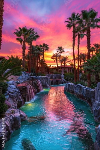 Oasis Serenity at Sunset: Palm Trees, Rocky Waterfalls, and a Peaceful Pool in a Desert Landscape