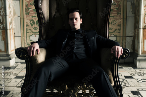 man in a black suit sitting on a thronelike chair photo