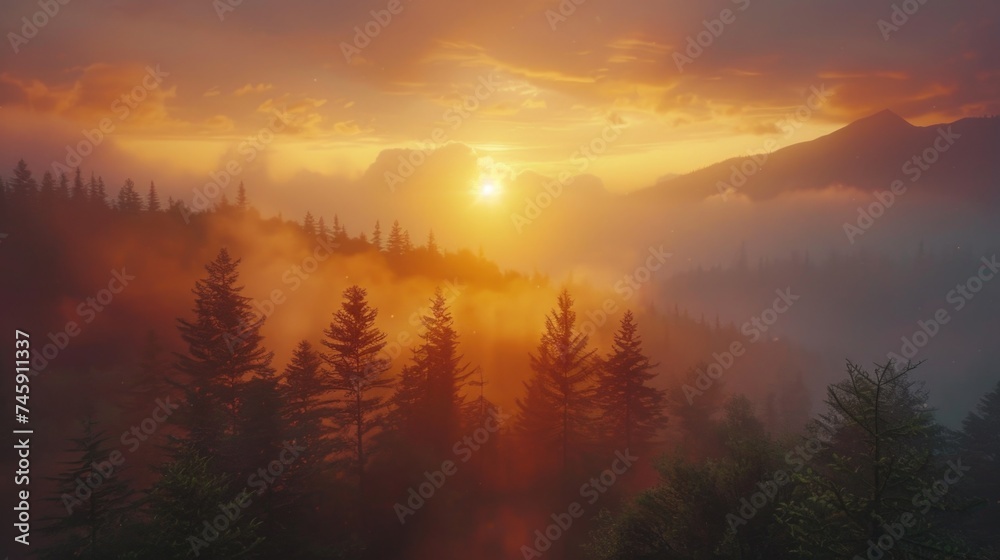 Majestic Mountain Sunrise: Ablaze Sky Casting Radiant Glow Over Dense, Mist-Enveloped Forest - obrazy, fototapety, plakaty 