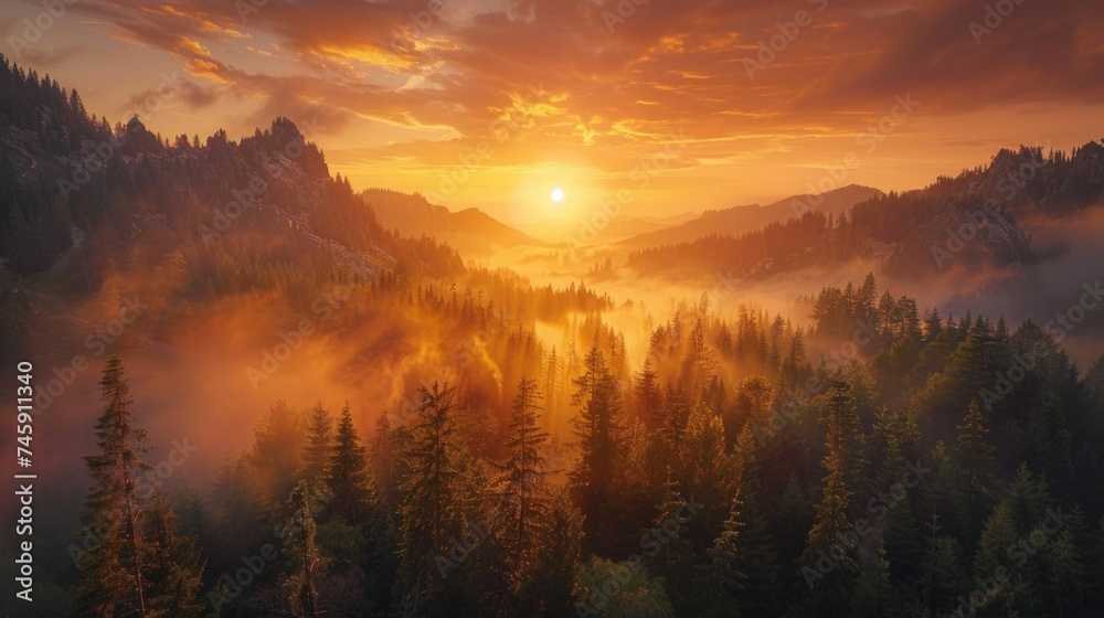 Radiant Dawn: Breathtaking Sunrise Illuminates Rugged Mountain Peaks and Misty Forest Below - obrazy, fototapety, plakaty 
