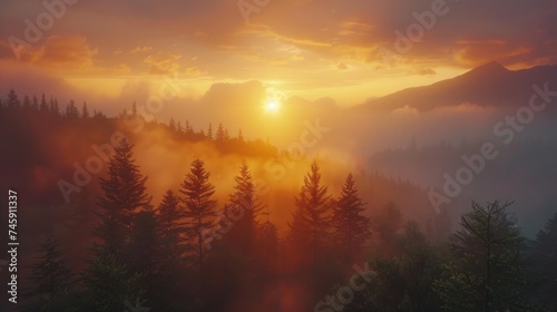 Majestic Mountain Sunrise: Ablaze Sky Casting Radiant Glow Over Dense, Mist-Enveloped Forest © Landscape Planet