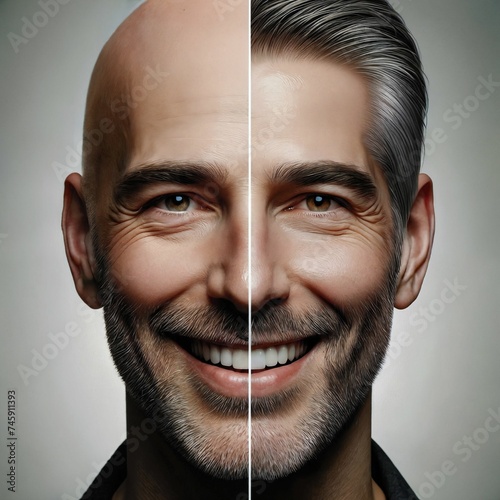 The head of a balding man before and after hair transplant surgery. Hair loss treatment. Hair transplantation and extension. Hair growth products. Generative AI. photo