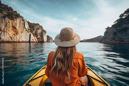 Rear view of woman riding kayak in stream with background of beautiful landscape generative ai concept