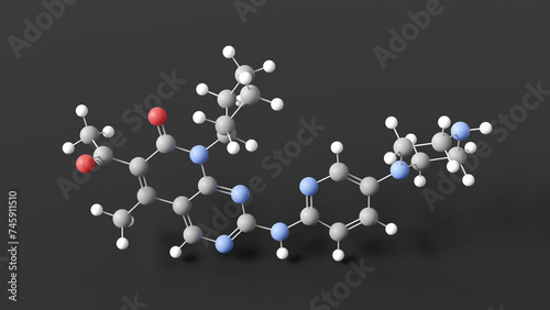 palbociclib molecular structure, antineoplastic agents, ball and stick 3d model, structural chemical formula with colored atoms photo