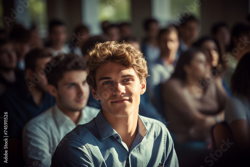 Photo image of smiling intelligent student studying in college made with generative ai concept