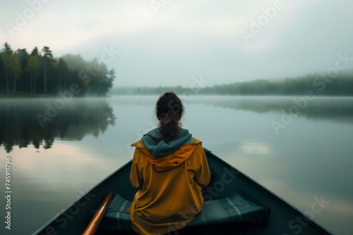 lady on a boat midlake, surrounded by fog, early morning