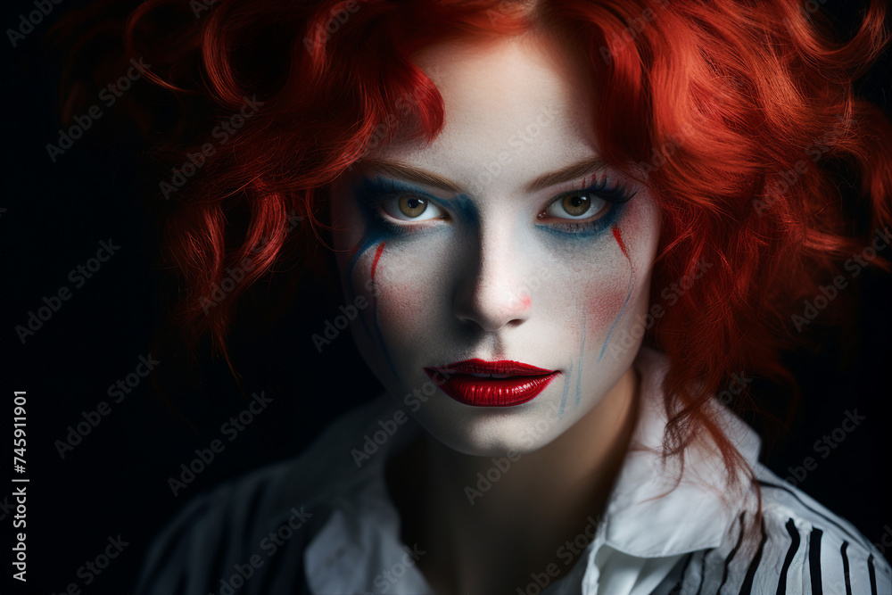 Scary circus worker with frightening facial make up Generative IA picture Scary circus worker with frightening facial make up Generative IA picture