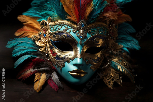 Luxury carnival masks decorated with feathers, gold, and jewelry. Close up.  © Sofir