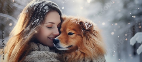 A Heartwarming Moment: Woman Embracing Her Adorable Dog in a Snowy Forest