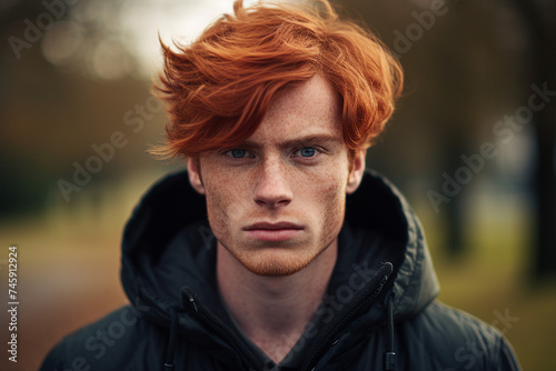 AI generated portrait of a handsome male red haired boy student walking in city during fall season outside