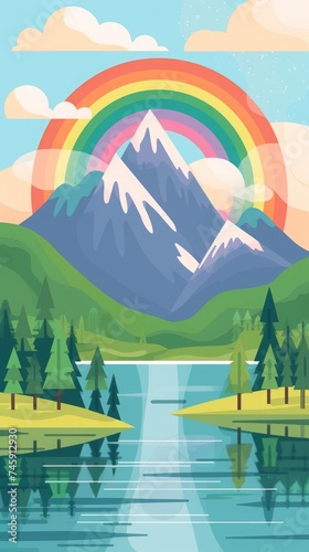radu with lake and mountains flat illustration.